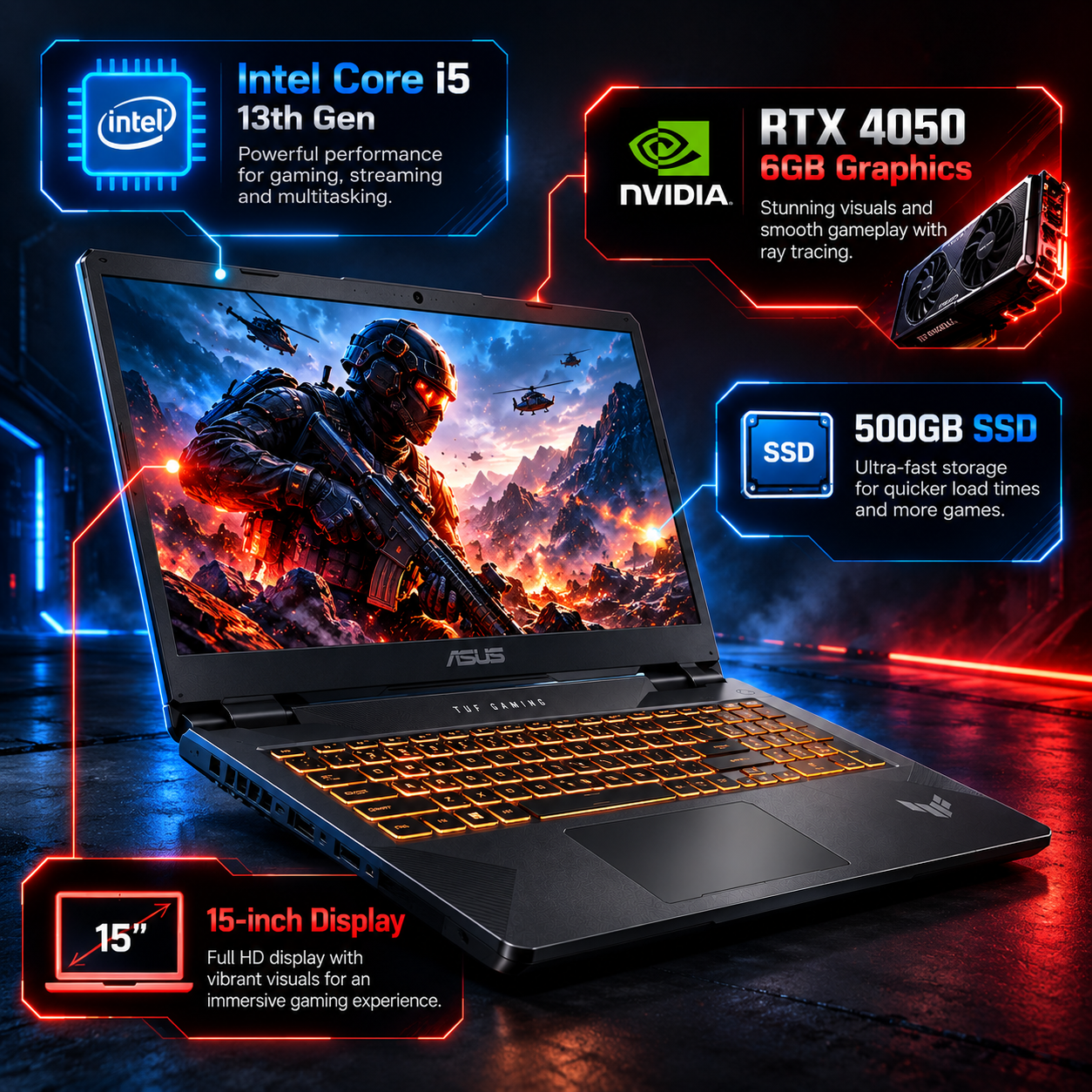 Asus TUF Gaming 16WD – Intel Core i5, 4GB RAM, 500GB SSD, RTX 4050